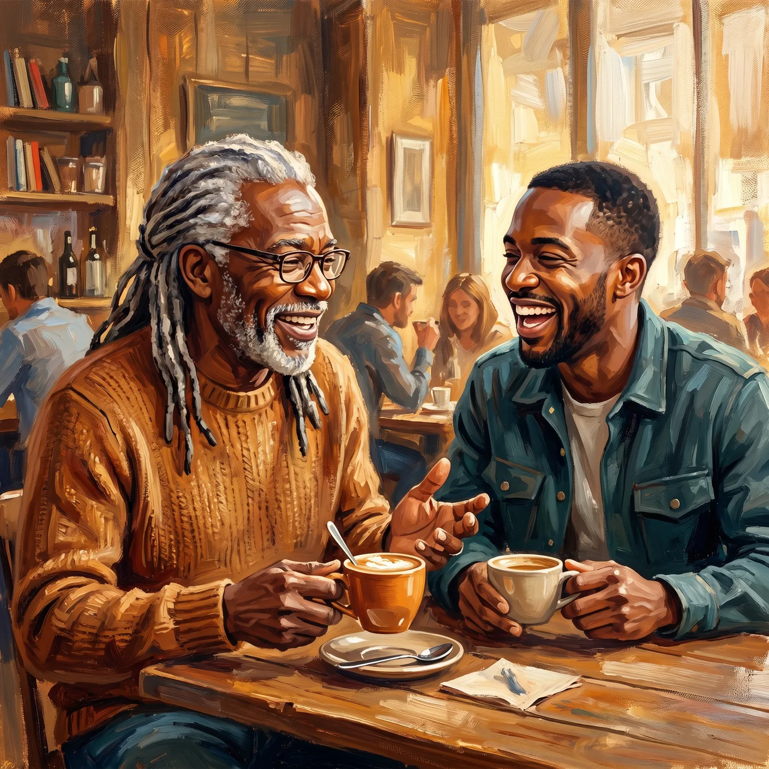 Silver-loc'd elder father laughing over coffee with his adult son