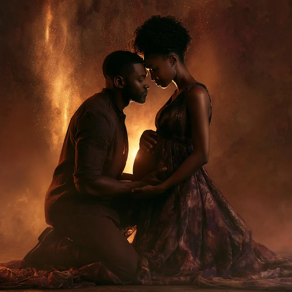 Expectant couple tenderly cradling the mother's pregnant belly in warm light