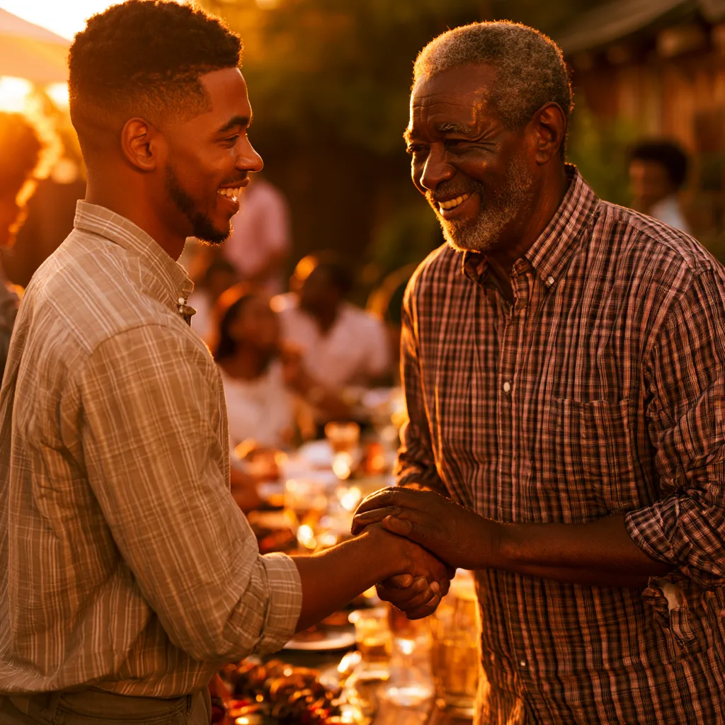 Younger man and his father-in-law sharing a warm handshake in golden light