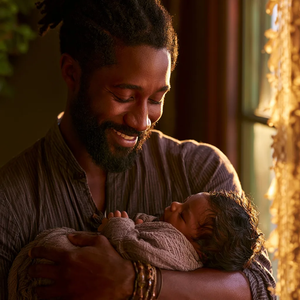 New father cradling his newborn baby in soft morning light