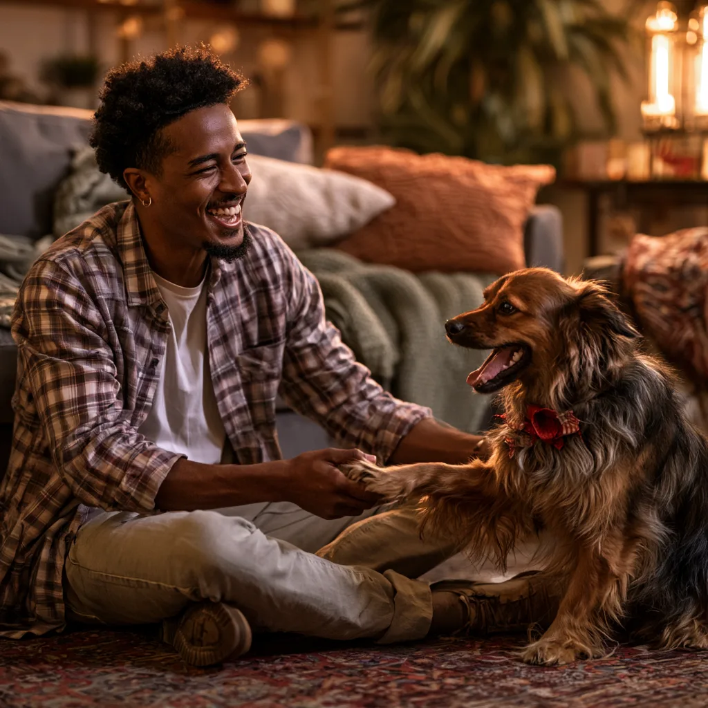 Happy dad on the floor as his dog offers a paw, gift bow on the collar