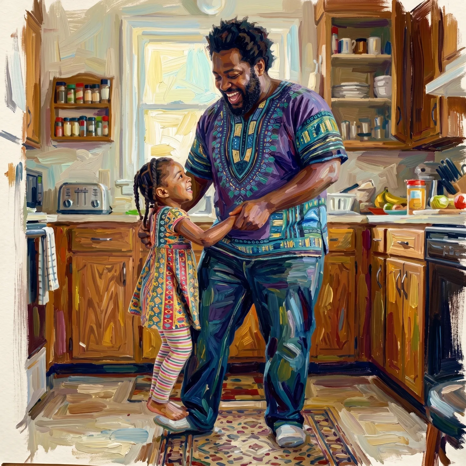 Full-figured dad joyfully dancing in the kitchen with his little daughter