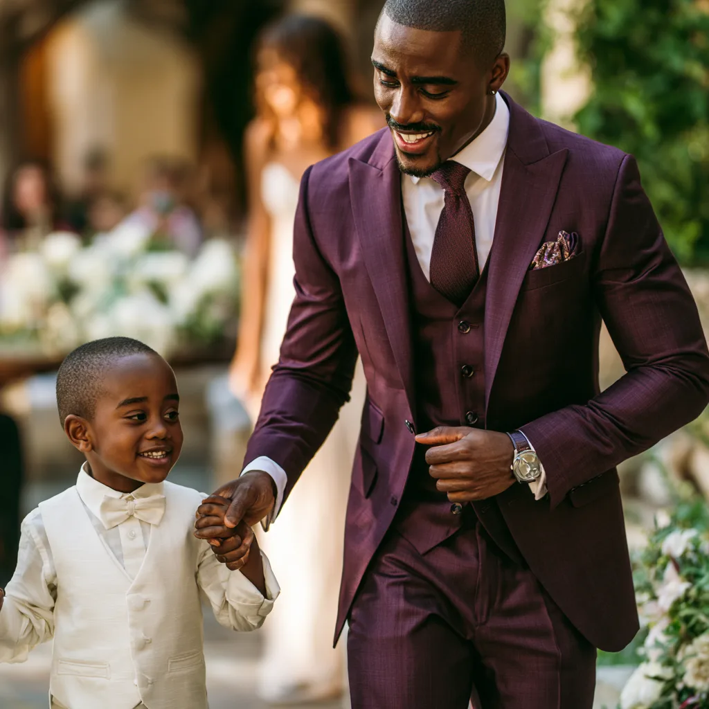Distinguished godfather in a suit proudly holding his godchild's hand