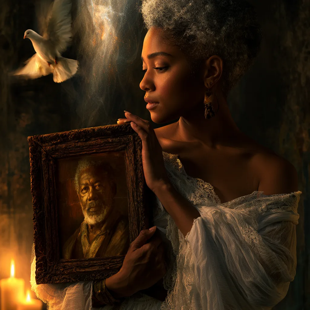 Daughter tenderly holding a framed photo of her late father with a dove and candlelight