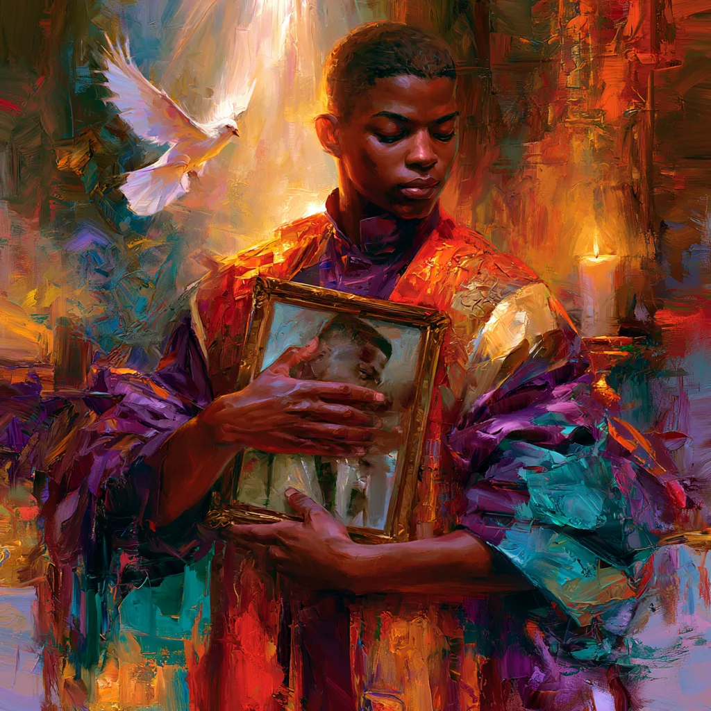 Son holding a framed photo of his late father with a dove and candle