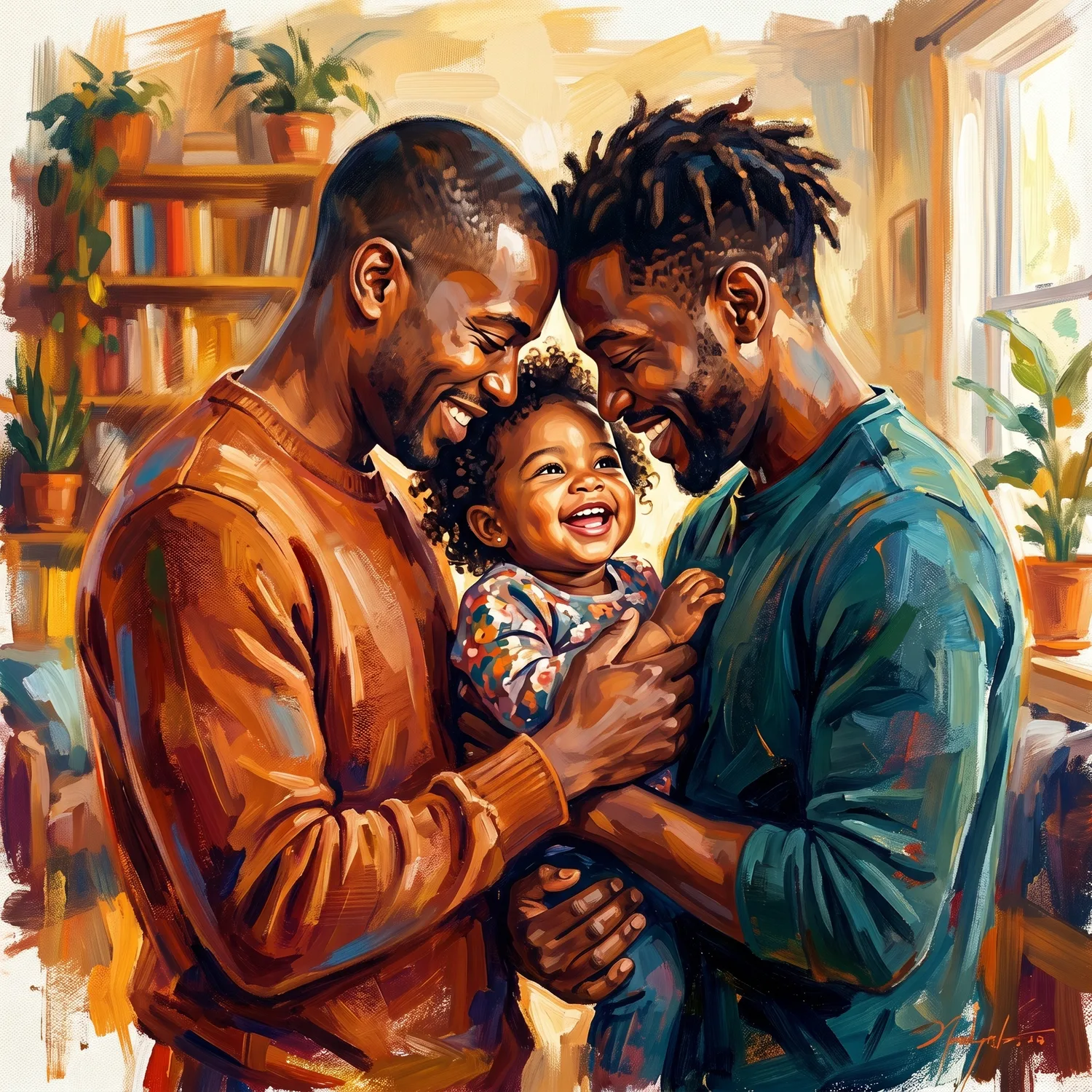 Two loving fathers holding their happy toddler between them
