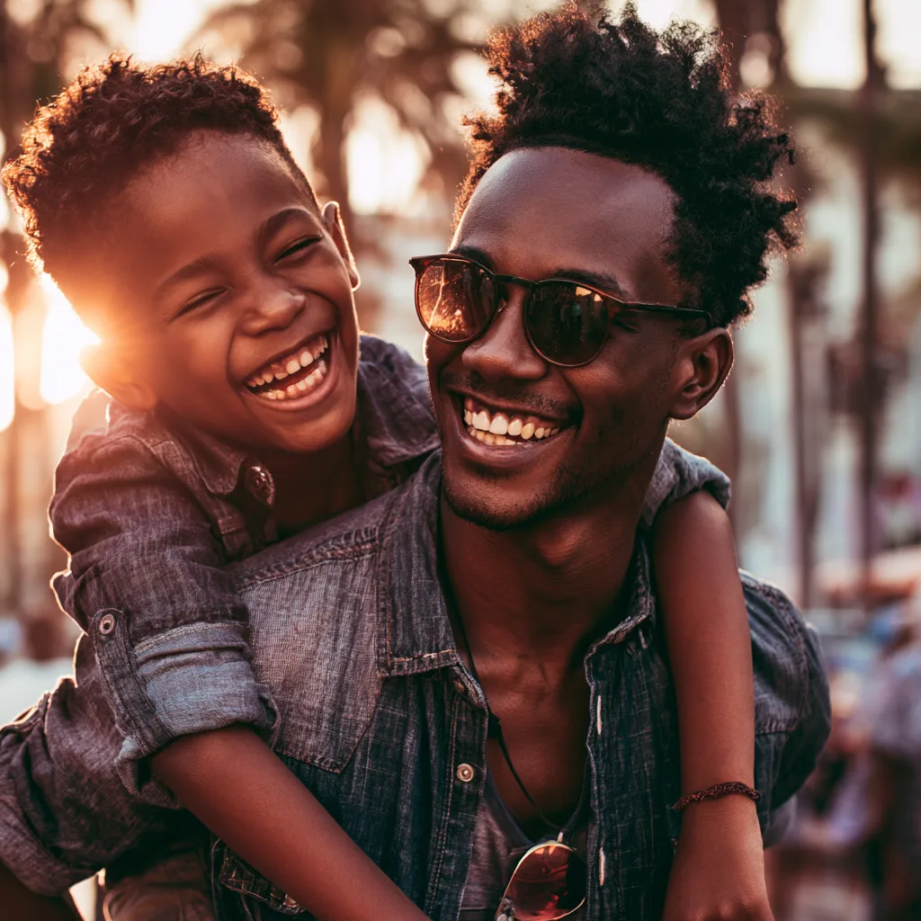 Cool uncle giving his laughing nephew a piggyback ride at sunset