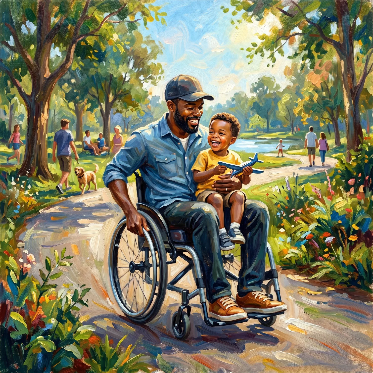 Father using a wheelchair with his joyful son on his lap in a sunny park