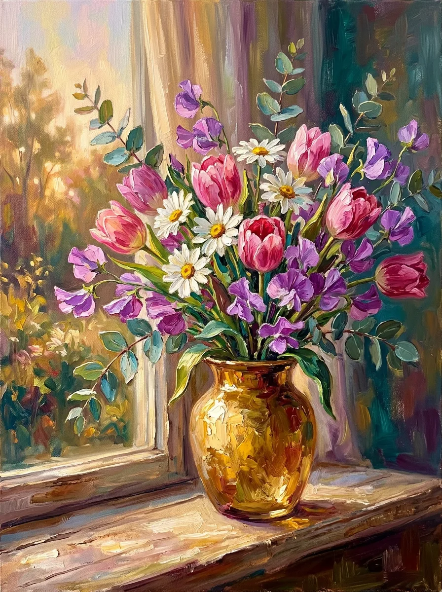 Get well watercolor card, pink tulips and sweet peas in a golden vase by a sunlit window