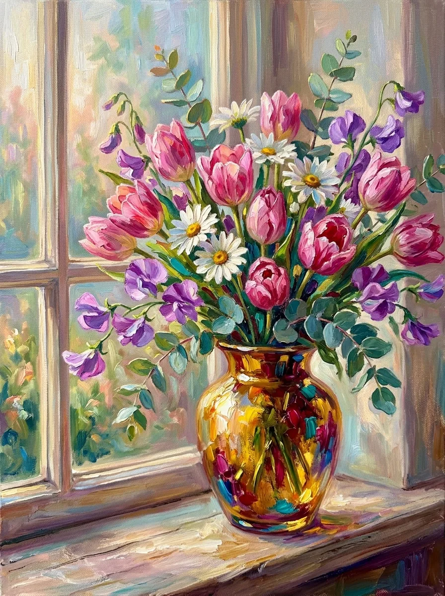 Get well watercolor card, pink tulips, daisies and sweet peas in a golden vase by a window
