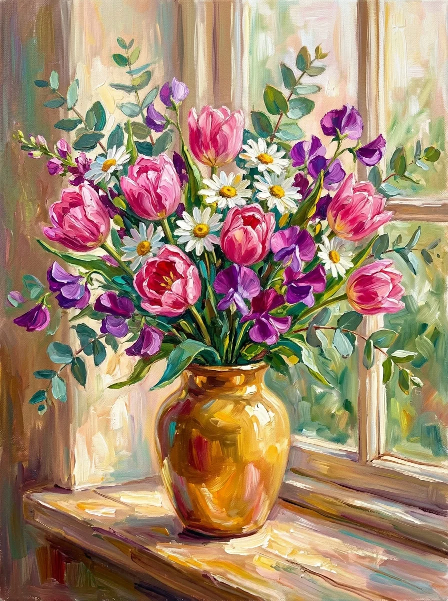 Get well watercolor card, pink and purple tulips in a golden vase by a bright window