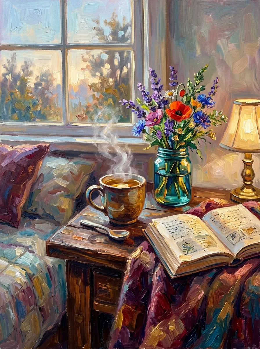 Get well watercolor card, a cozy still life of tea, a book and wildflowers by a window