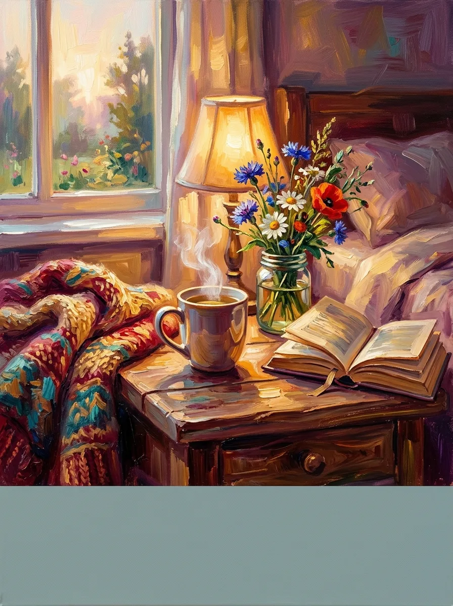 Get well watercolor card, steaming tea, an open book and wildflowers by a cozy window