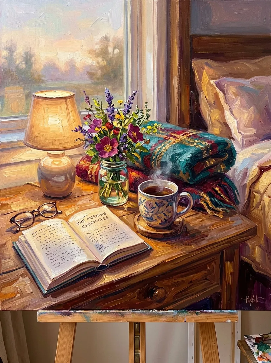 Get well watercolor card, tea, a book and flowers in a softly lit bedside nook