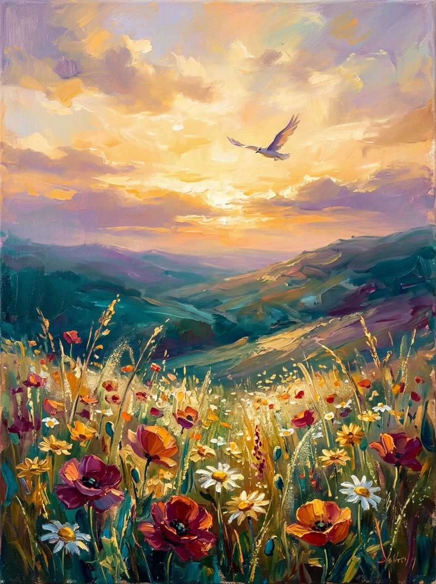 Get well watercolor card, a songbird gliding over a golden wildflower meadow at sunset