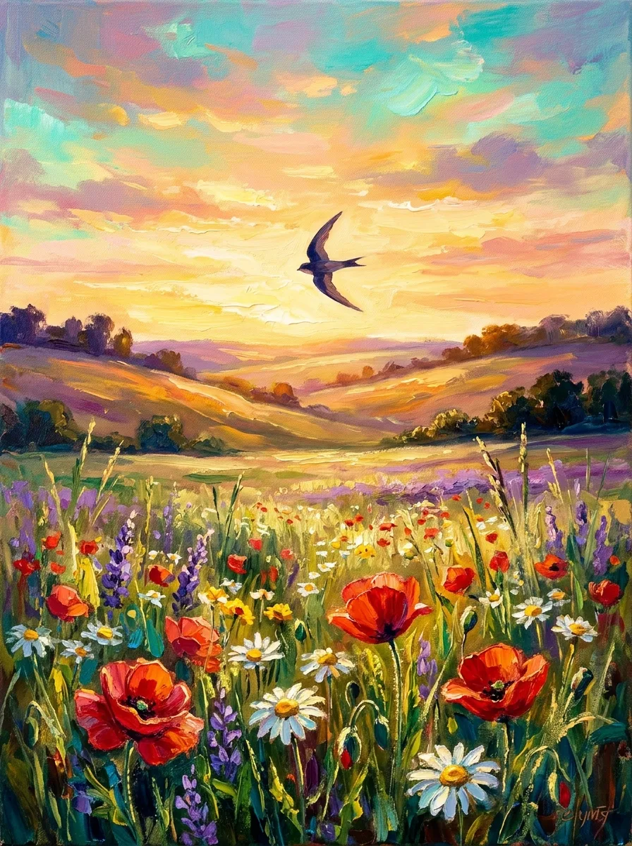 Get well watercolor card, poppies and daisies in a glowing meadow at sunset