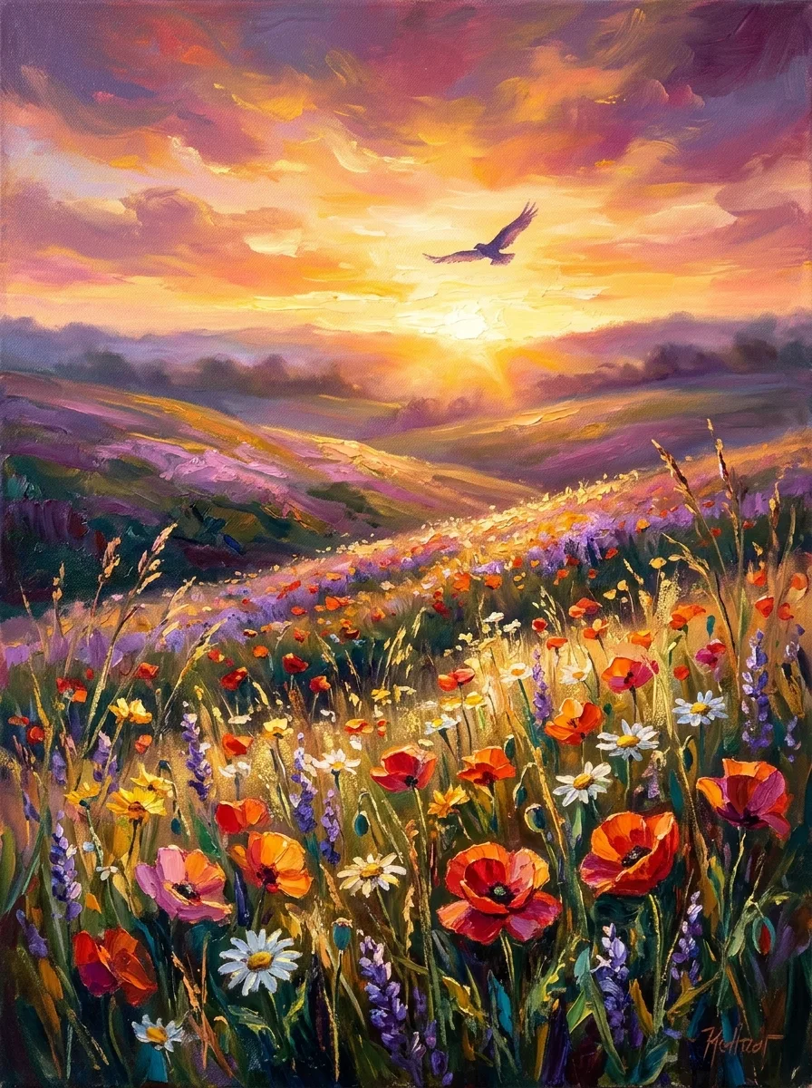 Get well watercolor card, a bird gliding over a purple and gold wildflower field