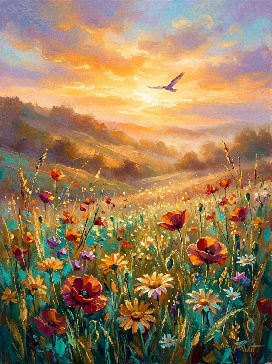 Get well watercolor card, a bird over a sunlit wildflower meadow at sunrise