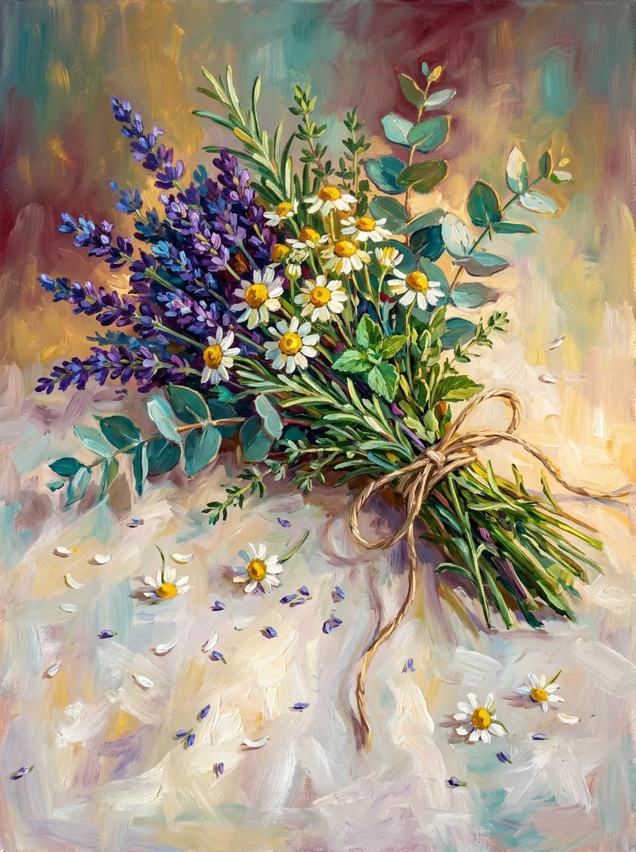 Get well watercolor card, a tied bouquet of lavender, chamomile and eucalyptus