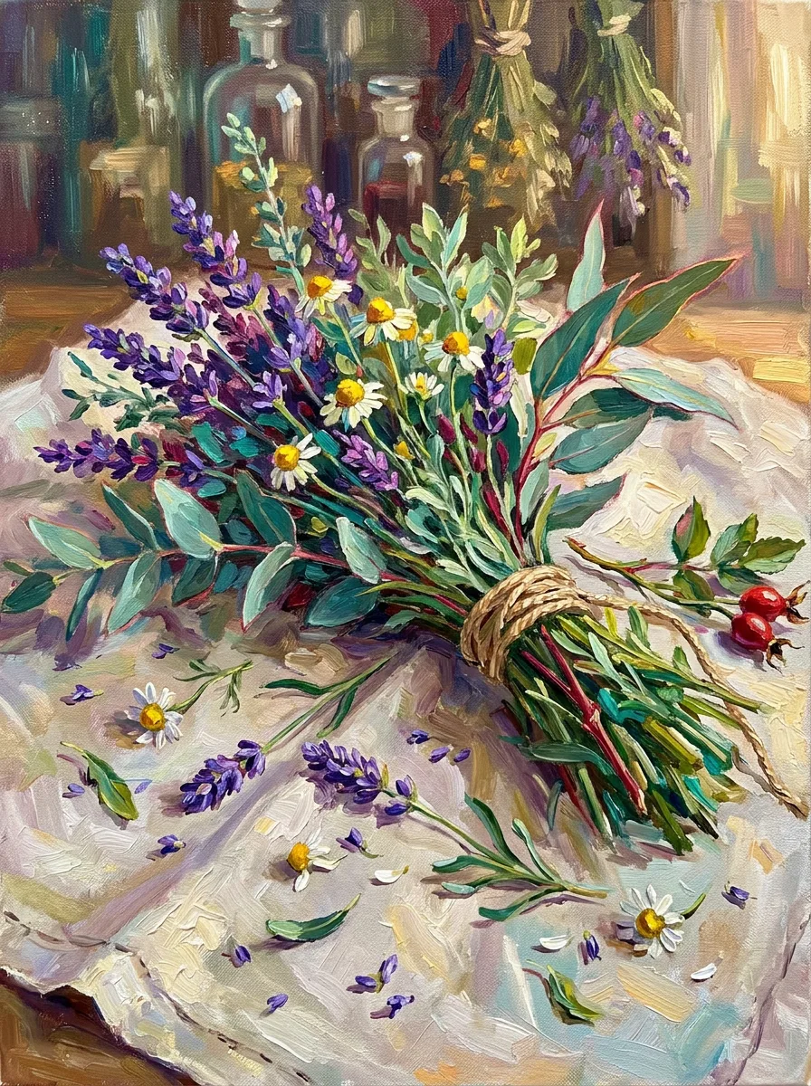 Get well watercolor card, a gathered bundle of lavender, herbs and daisies