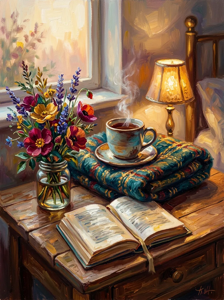 Get well watercolor card, tea, an open book and a small bouquet by a window
