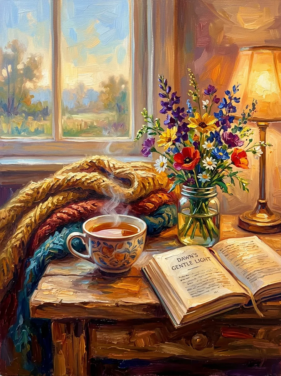 Get well watercolor card, tea, wildflowers and an open book in warm morning light