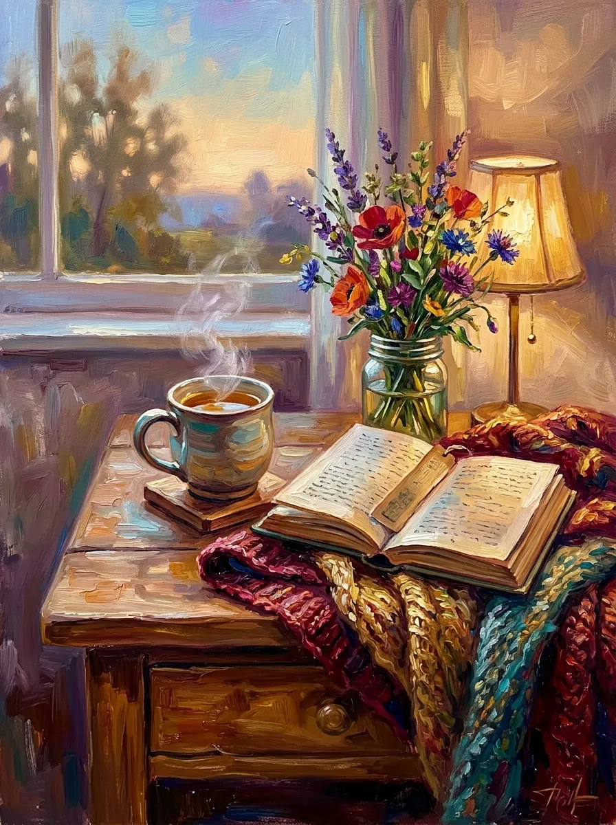 Get well watercolor card, tea, flowers and a book on a sunlit bedside table