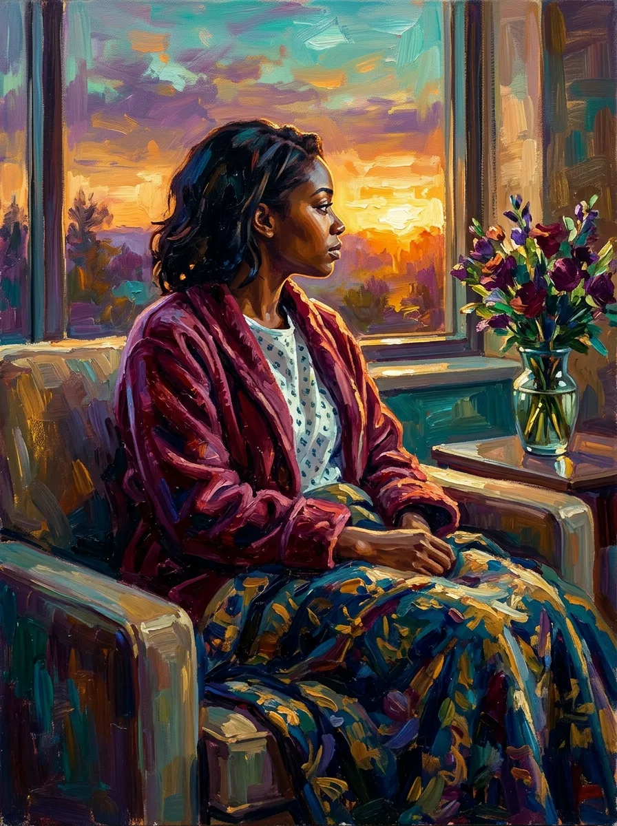 Get well watercolor card, a woman resting peacefully in a hospital chair by a sunset window with flowers