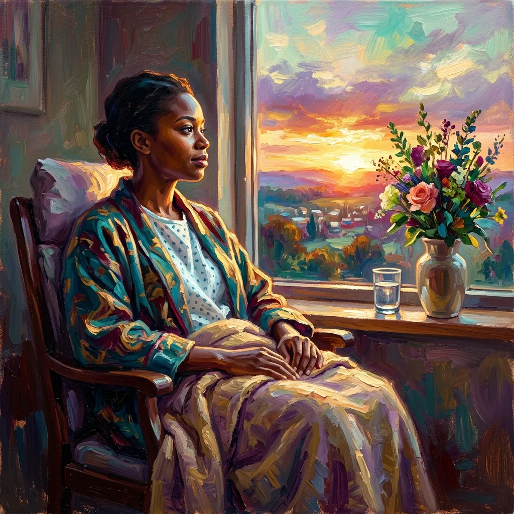 Get well watercolor card, a woman wrapped in a plaid blanket resting by a hospital window at sunset