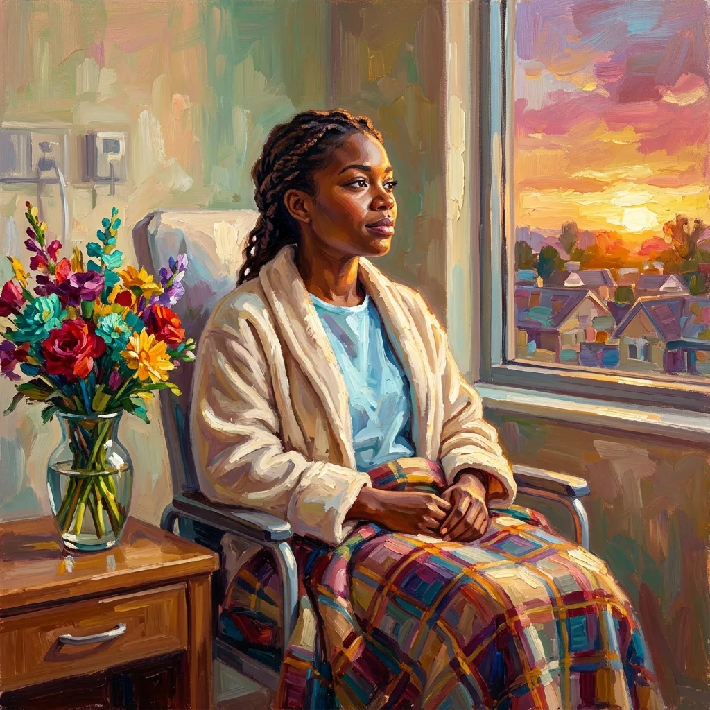 Get well watercolor card, a woman with sunflowers resting by a glowing hospital window