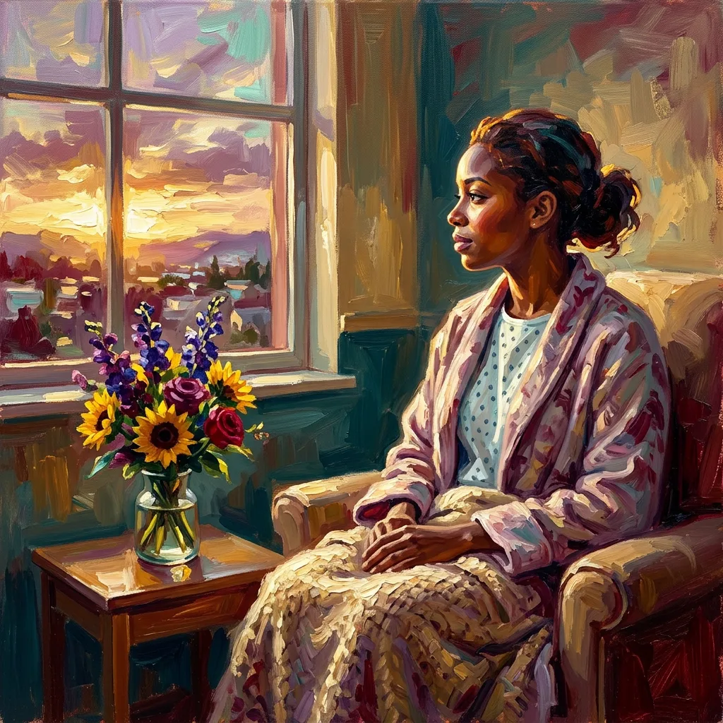 Get well watercolor card, a woman in a soft robe resting by a hospital window with flowers