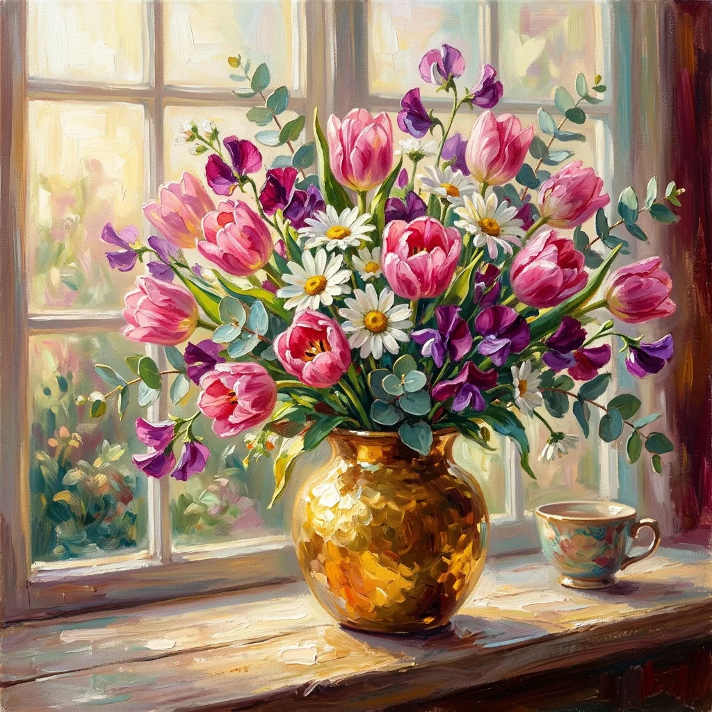 Get well watercolor card, a bouquet and a teacup on a sunlit windowsill