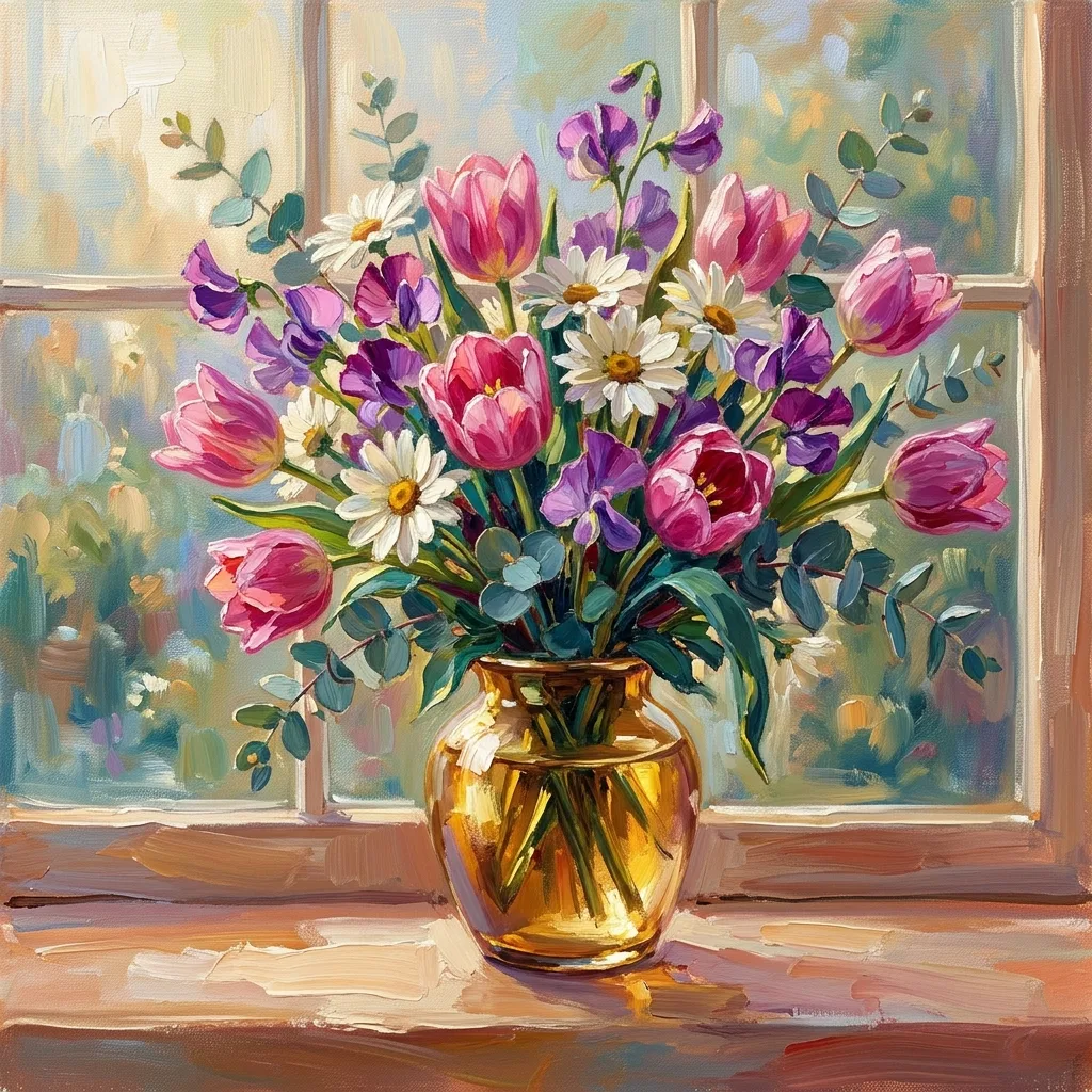 Get well watercolor card, a tall bouquet of tulips in an amber glass vase by a window