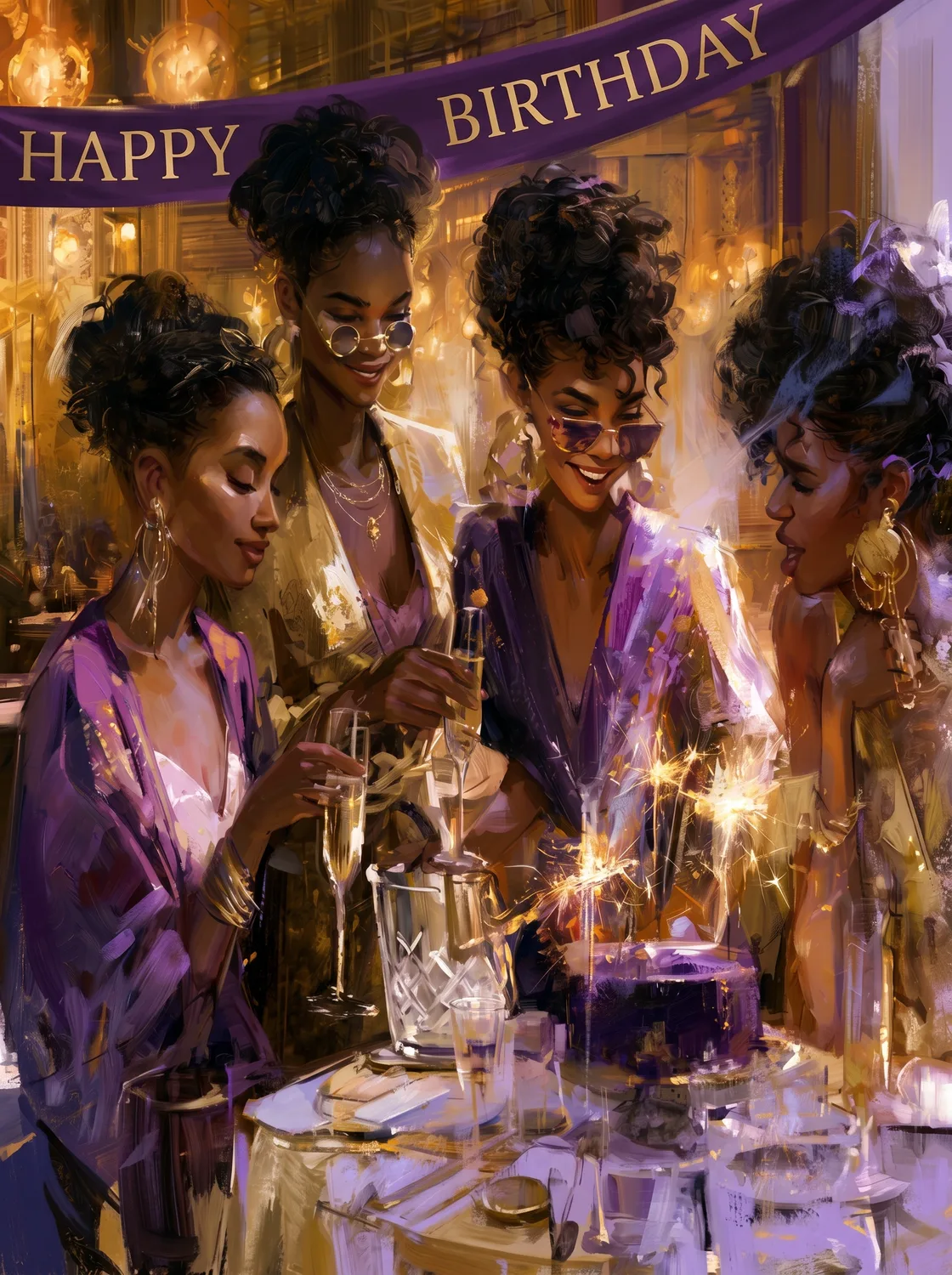 Four stylish Black women celebrating at an elegant birthday banquet with sparklers and Happy Birthday banner