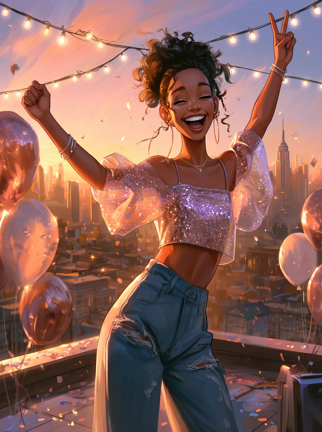Stylish Black woman blowing out birthday cake candles at a neon-lit outdoor city cafe
