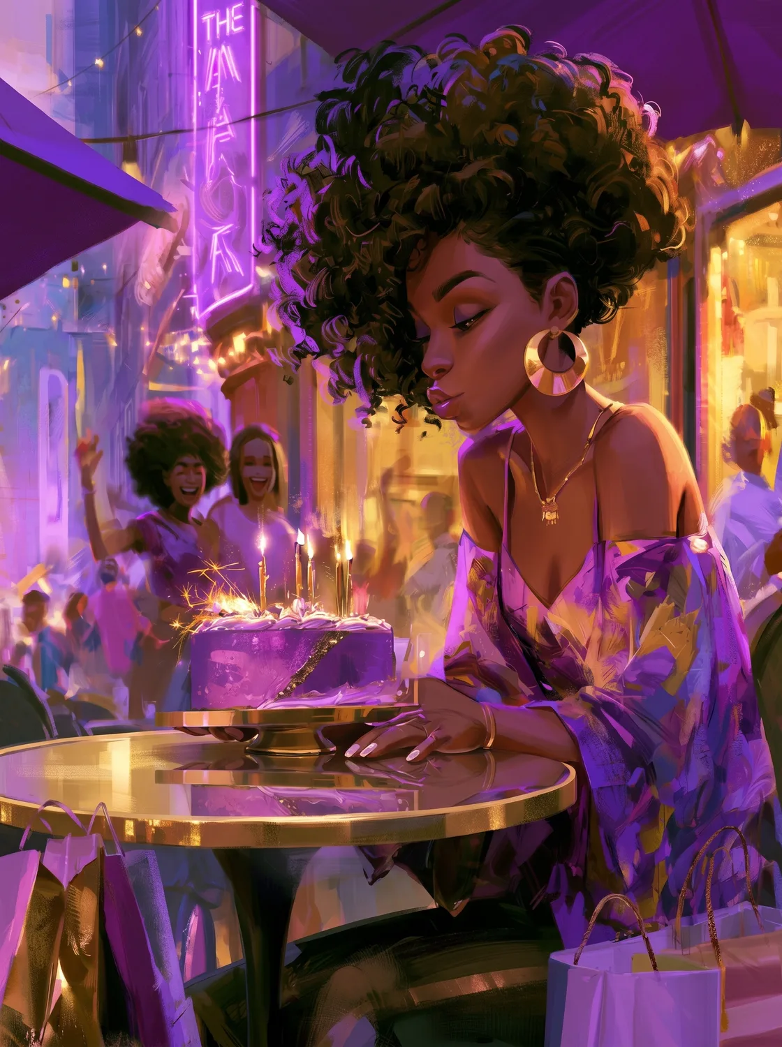 Stylish Black woman making a birthday wish over a purple marble cake at The Purple Place neon cafe