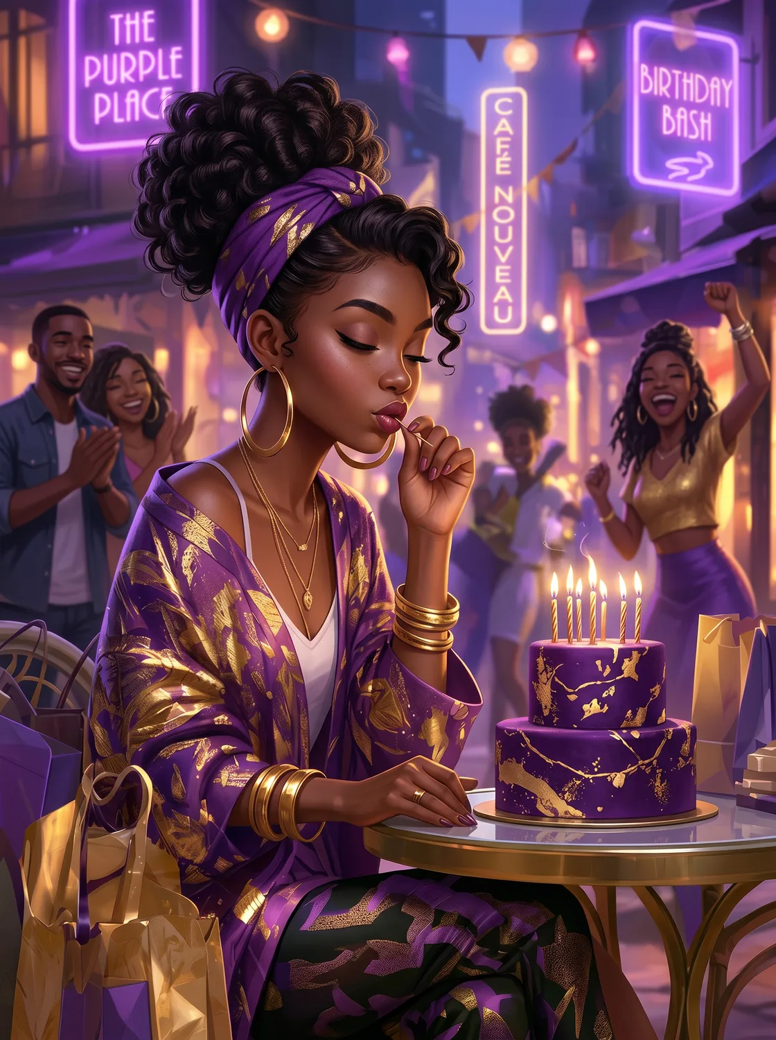 Stylish Black woman basking in the glow of birthday candles at an urban neon-lit cafe