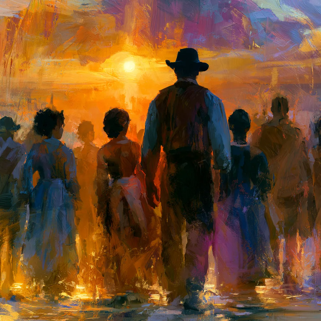 Reverent silhouettes of newly freed ancestors walking toward a golden sunrise