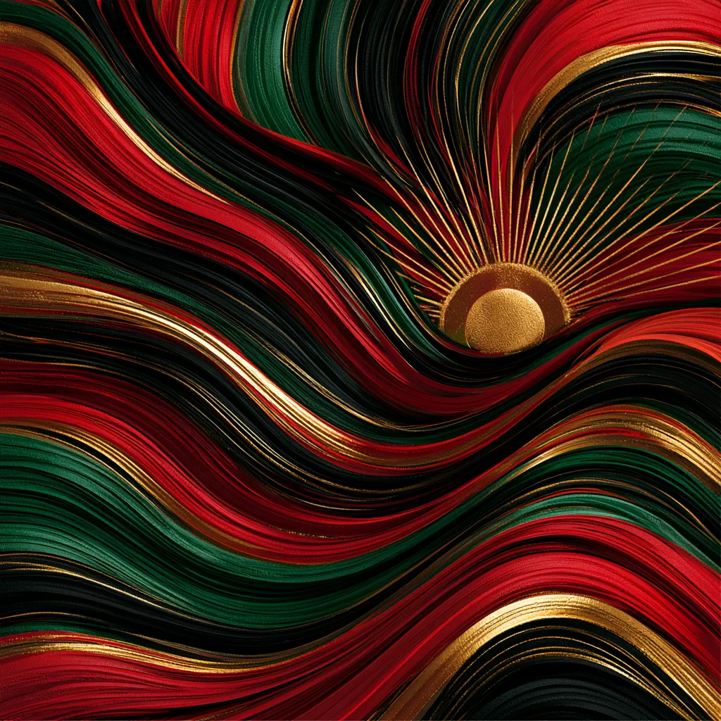 Elegant abstract Juneteenth design with flowing red black and green ribbons and a golden sun