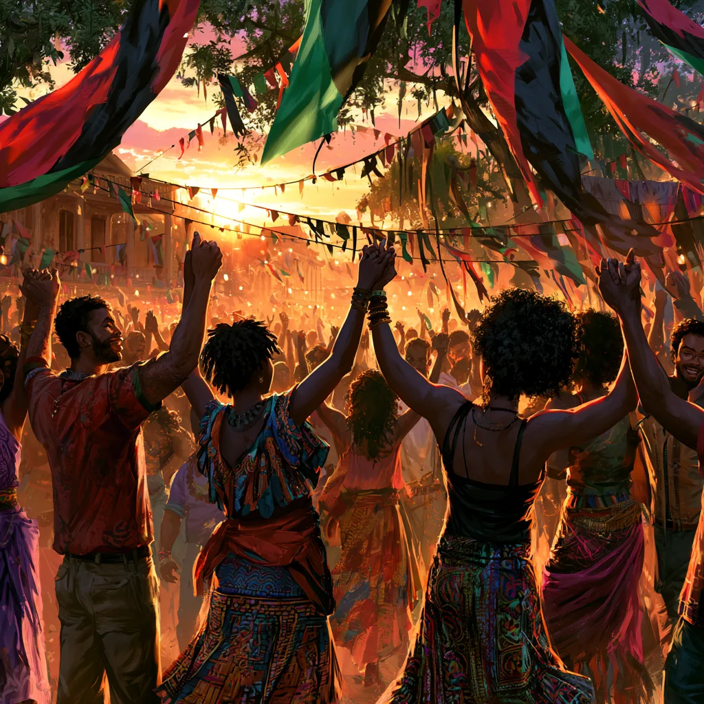 Community raising hands together with red black and green flags at sunset