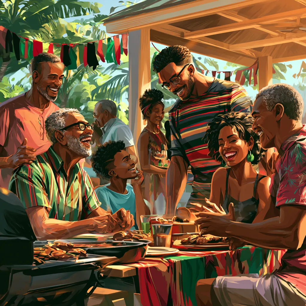 Multigenerational family gathered at a Juneteenth cookout with red black and green decor
