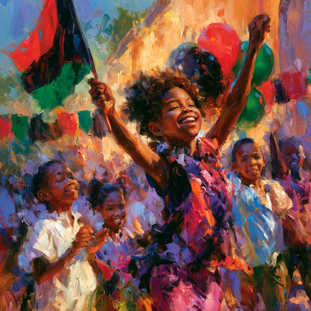 Joyful girl waving a Juneteenth flag among balloons at a celebration