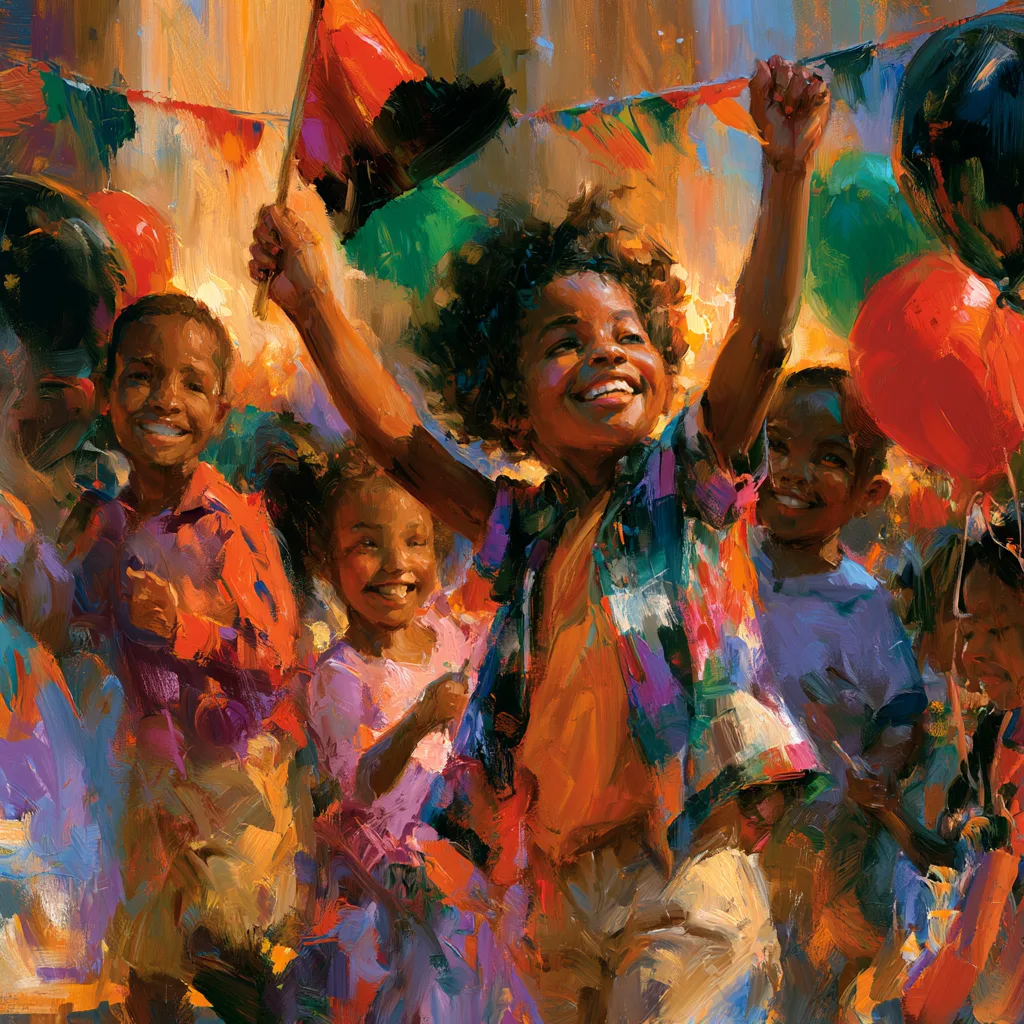 Joyful boy waving a Juneteenth flag among balloons at a celebration