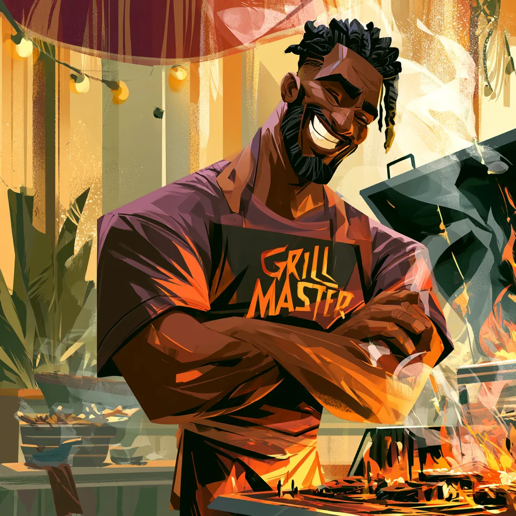 Humorous illustration of African American dad as Grill Master at cookout