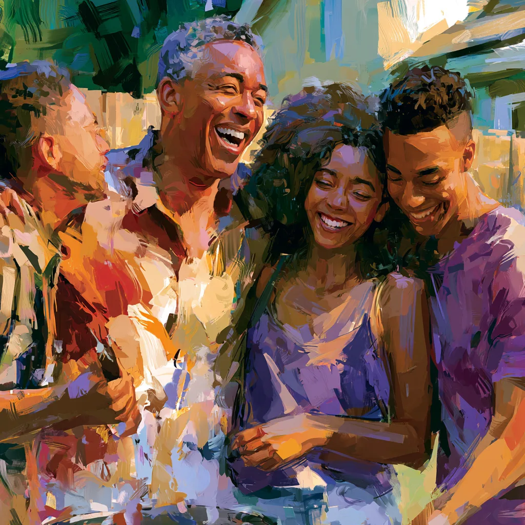 Joyful African American dad laughing with his family