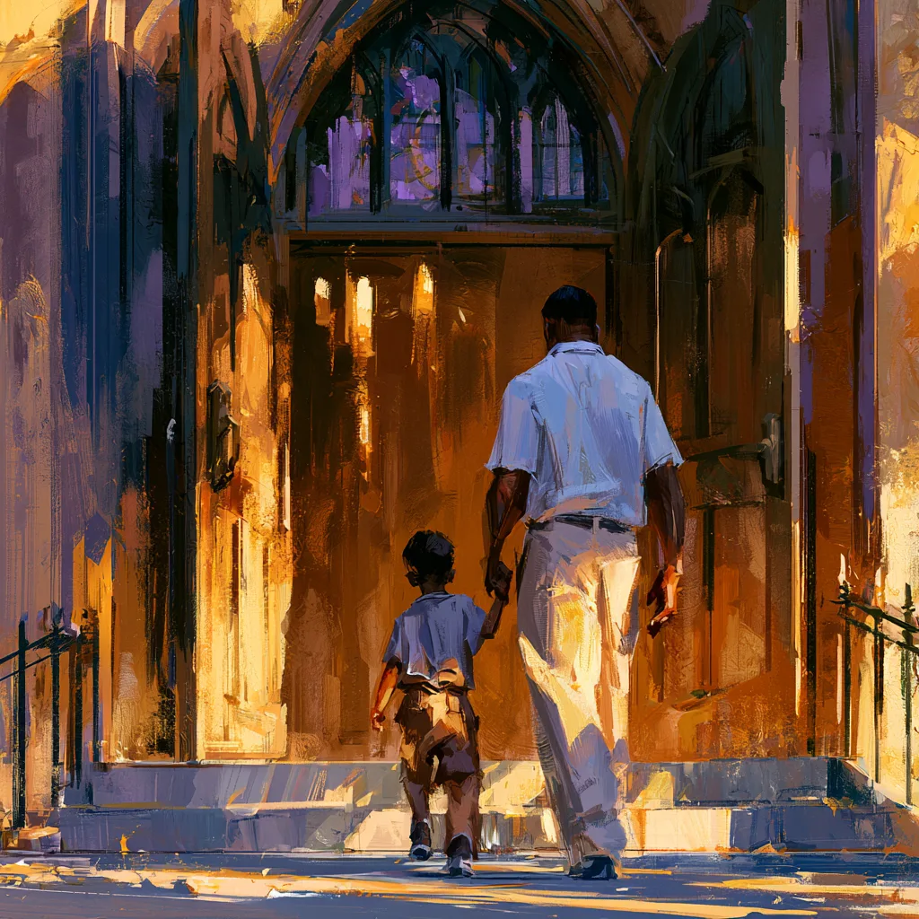 Father and child walking hand in hand toward church in warm golden light