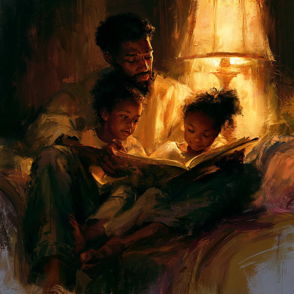 Strong and loving African American father reading to two daughters by warm lamplight