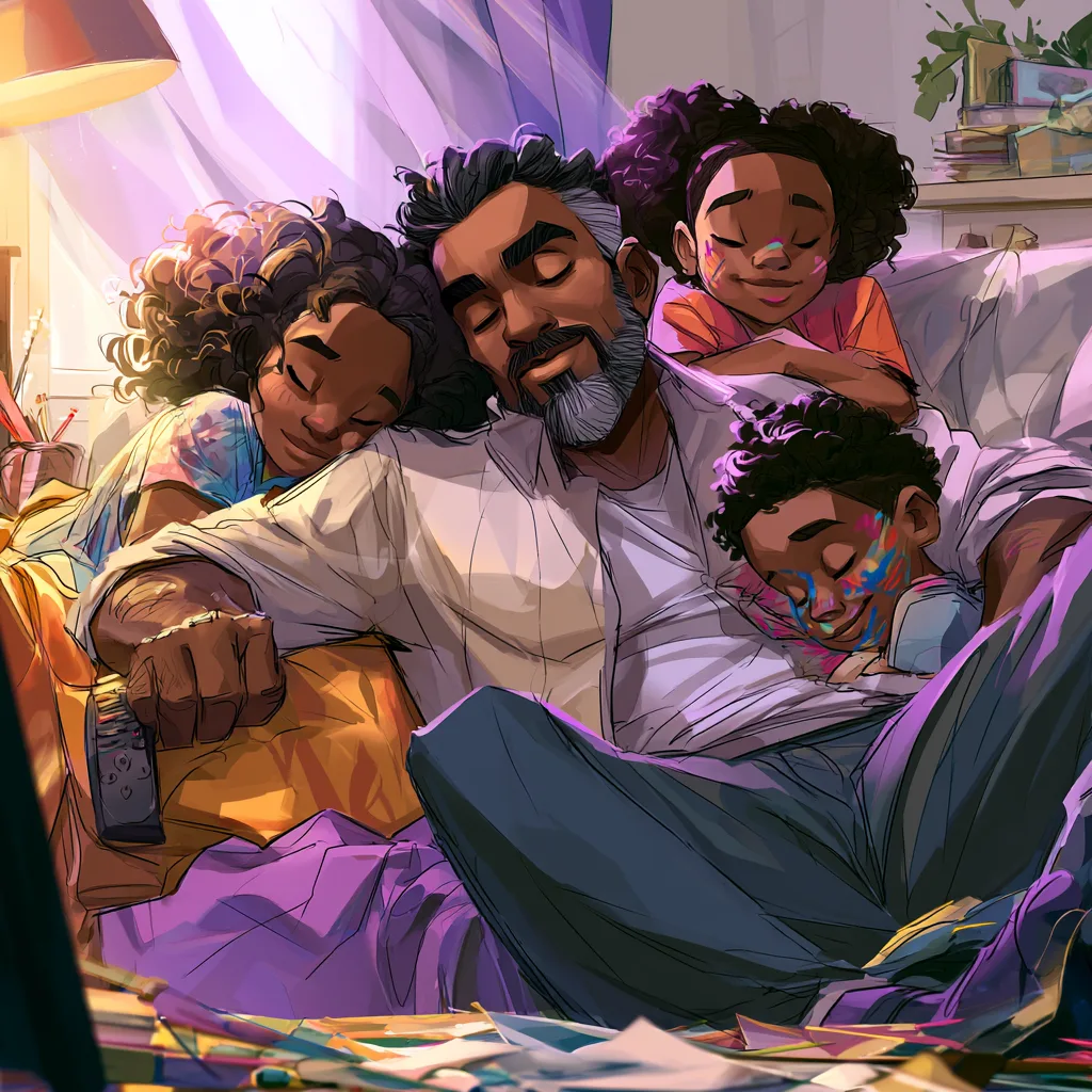 Grandfather peacefully asleep on the couch surrounded by grandchildren