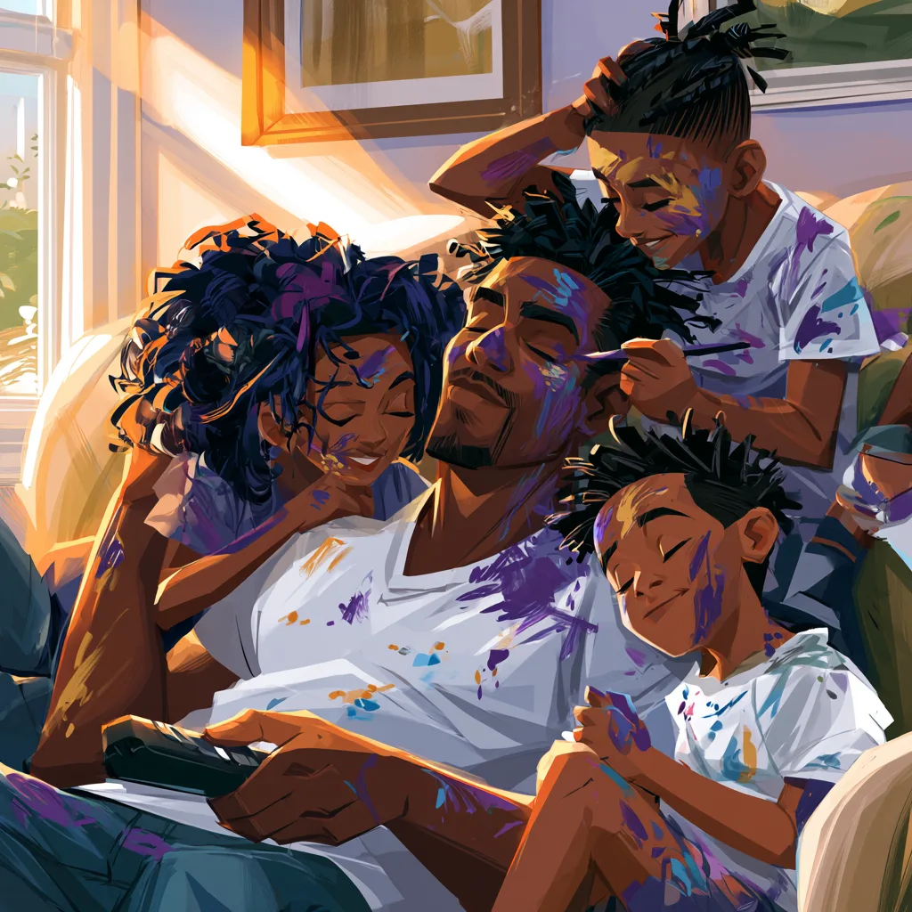 African American father and family in a creative cozy moment together
