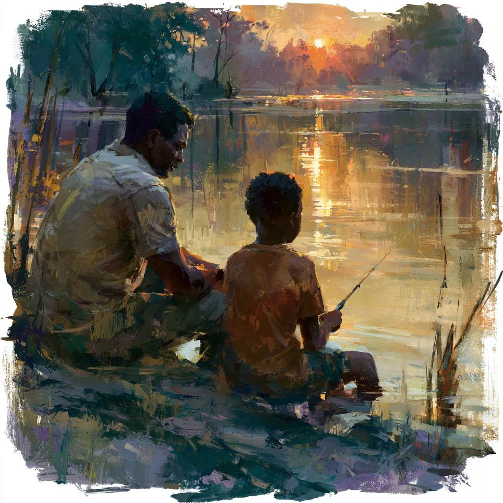 African American grandfather and grandson fishing together at a glowing sunset